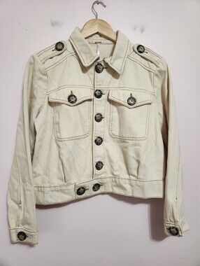 Free People Eisenhower Slouchy Cropped Jacket Cream Tortoise Button XS Western